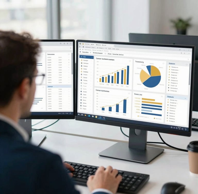 Over-the-shoulder view of a focused strategist analyzing complex financial compliance dashboards on dual monitors, bright natural office light, shallow depth of field, premium editorial photography, sophisticated navy and gold tones, 35mm