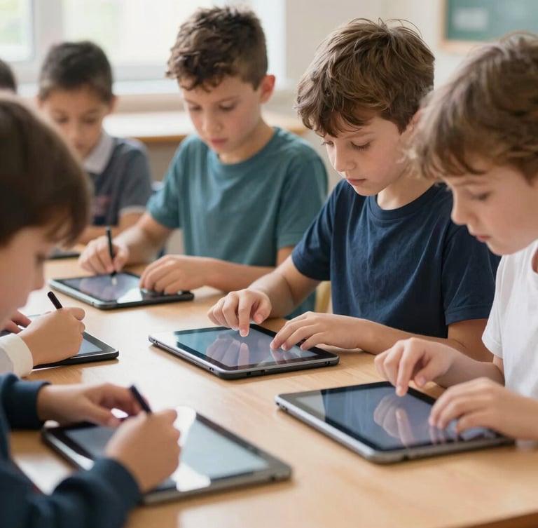 Primary school pupils collaborating over tablets in a bright Belfast classroom, natural daylight, medium close-up focused on hands-on learning.