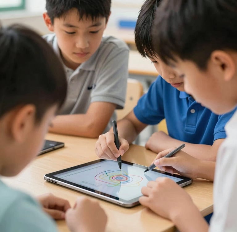 Close-up of primary school children working together on a creative coding project on a tablet, bright classroom setting.