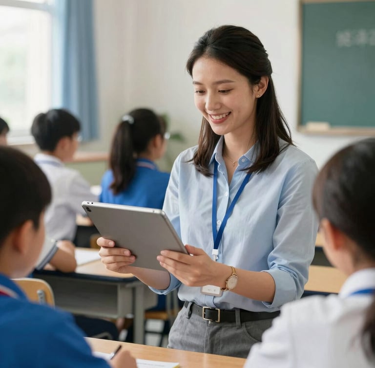 A smiling primary school teacher participating in a hands-on digital training session, holding a tablet, natural classroom daylight.