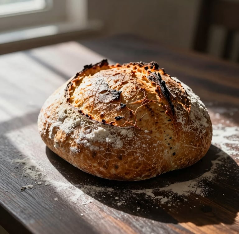 Macro shot of a freshly baked, blistered sourdough loaf resting on a dark wooden table, flour dusting, warm side-light casting long shadows, 35mm photography