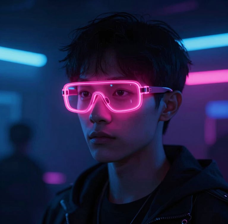 Futuristic cyberpunk portrait of a young person wearing glowing pink LED glasses in a dark neon-lit club setting, high contrast, 35mm lens