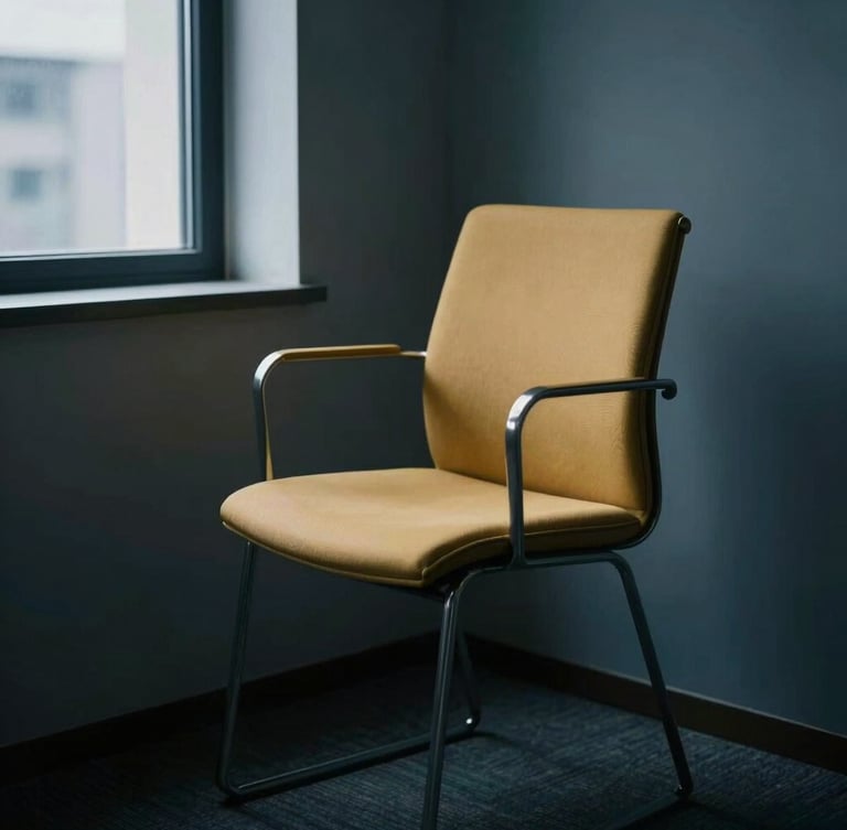 Quiet, contemplative empty chair in a modern, minimalist office corner, soft natural window light, muted deep blue shadows, editorial photography