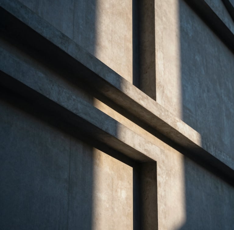 Abstract architectural lines representing structure and transition, soft natural light, warm concrete and deep blue shadows, editorial photography, portrait aspect