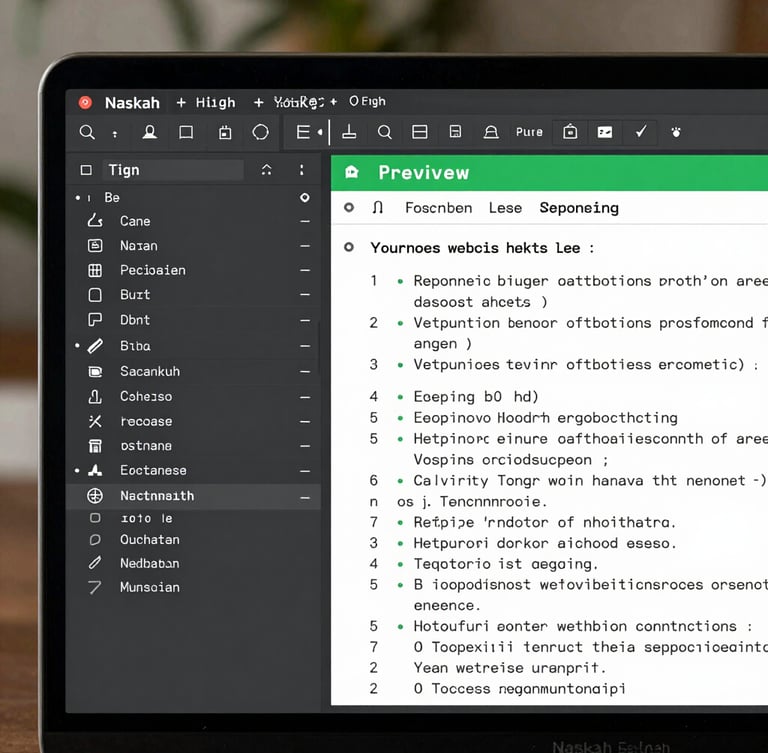 High-fidelity clean screenshot of Naskah application in dark mode, raw markdown editor side-by-side with crisp rendered HTML preview, terminal green accents.