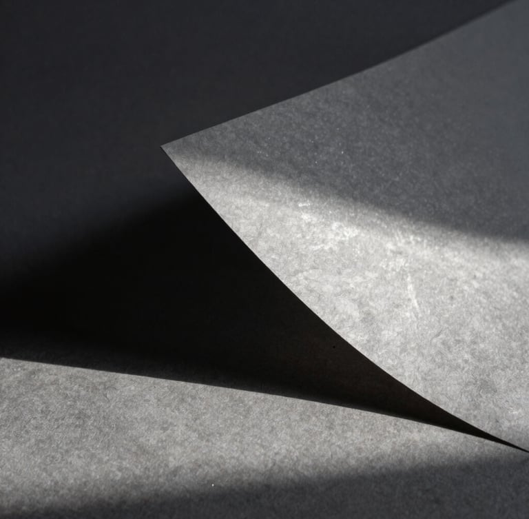 A high-contrast chiaroscuro still life of textured handmade paper catching soft silver moonlight, casting deep architectural shadows, minimalist composition.