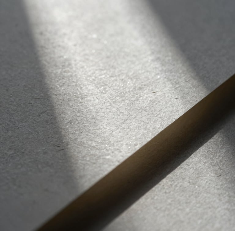Macro close-up of textured handmade paper catching soft silver raking light, deep shadows, elegant and highly tactile.