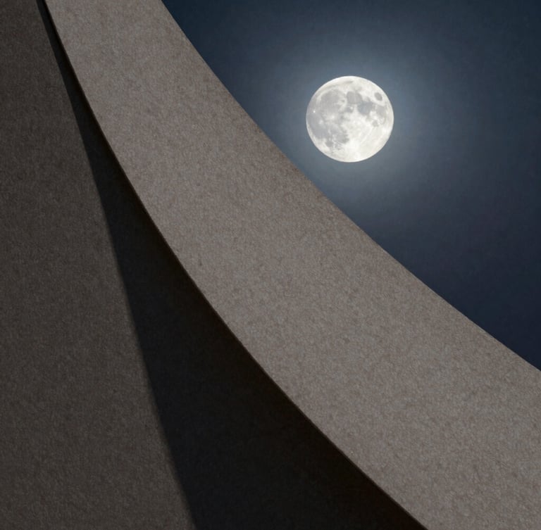 Wide cinematic composition of textured handmade paper catching single-source cool moonlight, casting deep architectural shadows to the left.