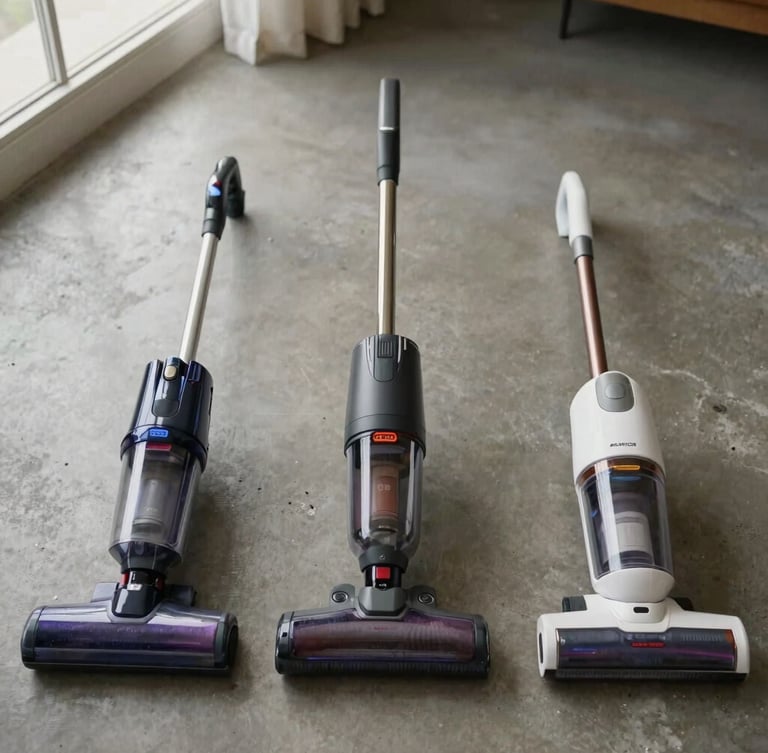 Overhead flat-lay of three premium cordless vacuum cleaners aligned on a polished concrete floor, soft side lighting, realistic muted tones.
