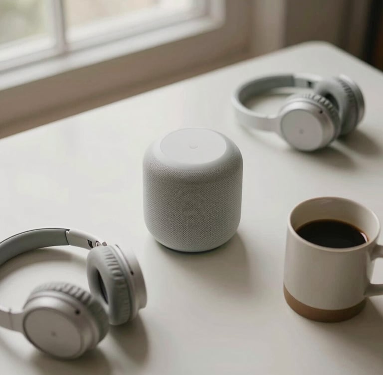 A top-down overhead shot of curated consumer products on a clean slate table, including a minimalist smart speaker, wireless headphones, and a ceramic coffee mug, soft natural window light, shallow depth of field