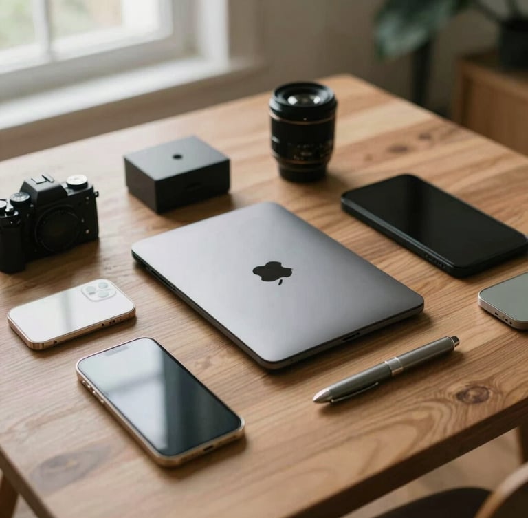 Overhead flat-lay of consumer electronics and home goods on a clean oak table, soft natural window light, muted realistic tones, shallow depth of field