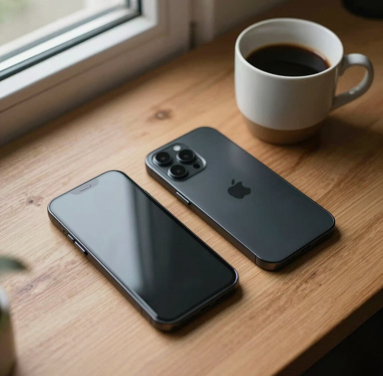 Overhead flat-lay of two competing high-end smartphones resting on a natural oak desk beside a ceramic coffee mug, soft morning window light, shallow depth of field, warm realistic tones.