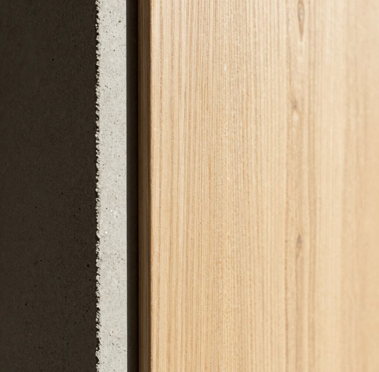 Macro detail shot of architectural materials, raw concrete texture meeting perfectly aligned warm white oak paneling, sharp shadow line, natural side light, architectural photography