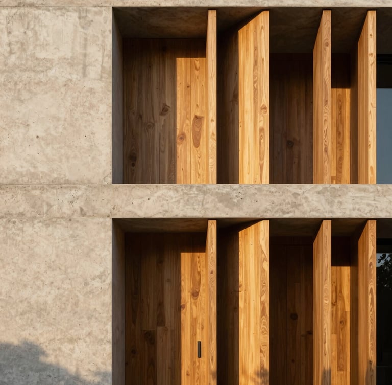 Architectural photography of a minimalist luxury residence at golden hour, sharp concrete lines meeting warm wood paneling, straight vertical lines, high-contrast shadows