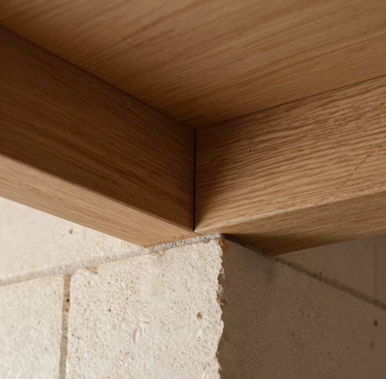 Close-up of a perfectly executed structural joint, raw oak beam meeting textured light stone under natural side-lighting.