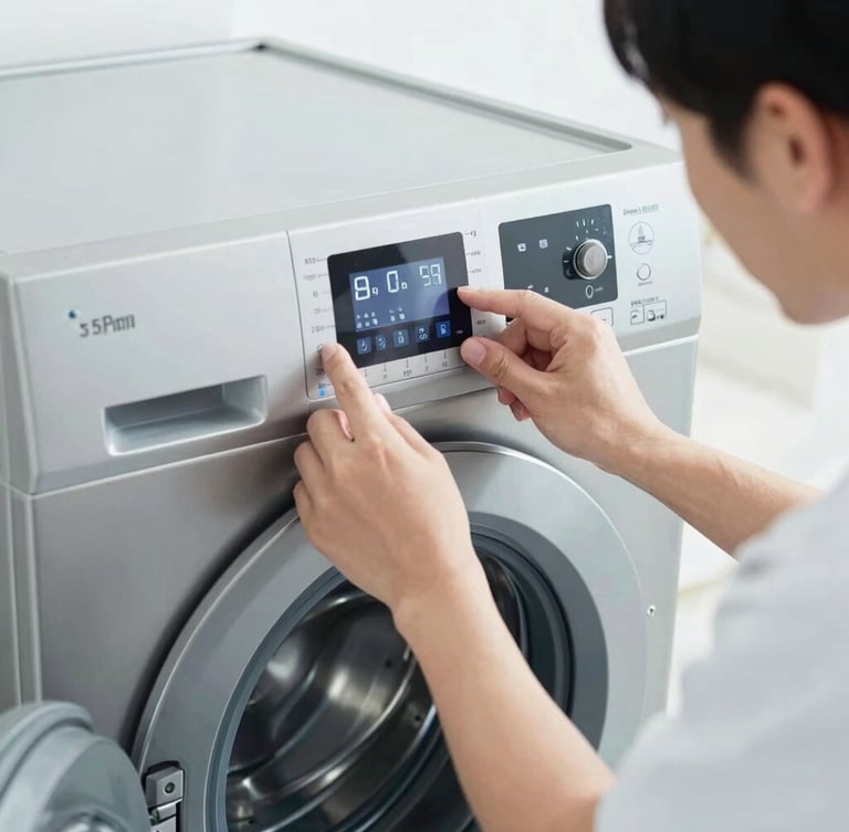 Close-up of a professional technician calibrating the digital control panel of a modern stainless steel washing machine, clean technical photography, bright cool-toned daylight