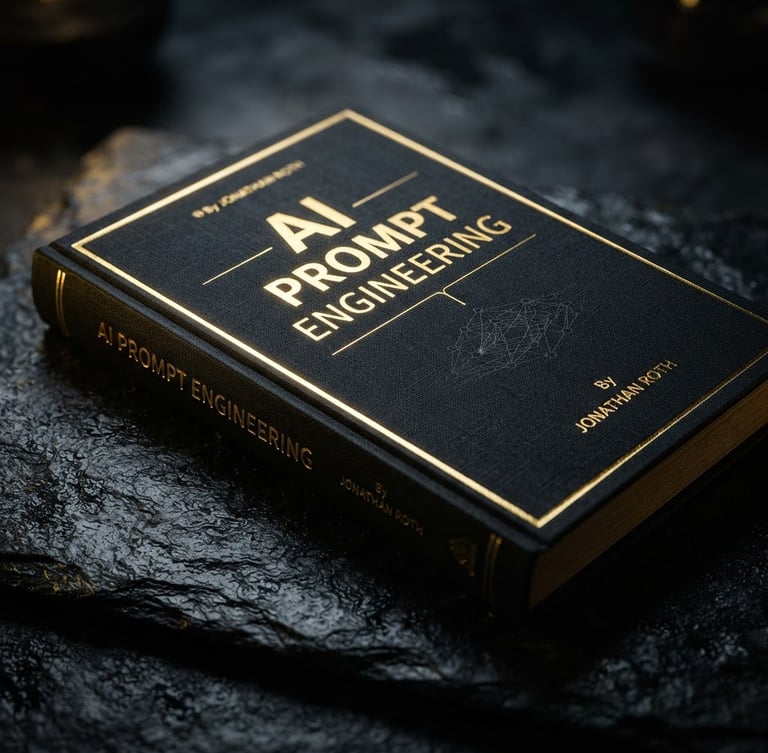 Macro close-up of a high-fidelity 3D book mockup titled 'AI Prompt Engineering' resting on a dark slate surface, dramatic gold rim-lighting, high-contrast editorial style, 85mm lens