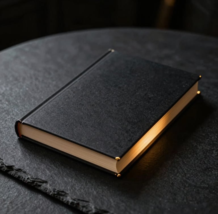 A premium hardback book mockup resting on a dark slate table, dramatic gold rim lighting, moody atmospheric shadows