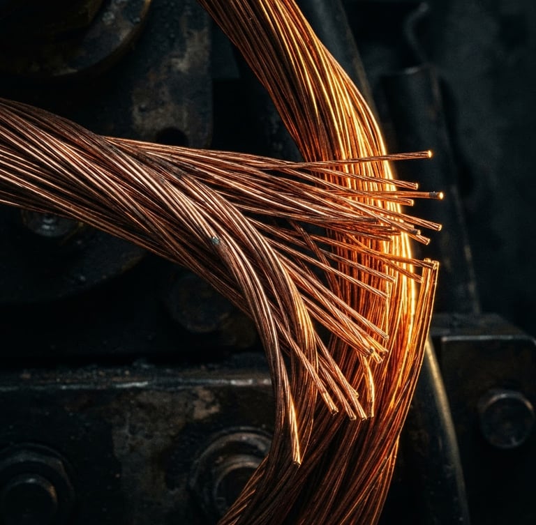 Macro close-up of copper electrical wires glowing under sharp gold rim-lighting, dark charcoal background, high-contrast industrial editorial style