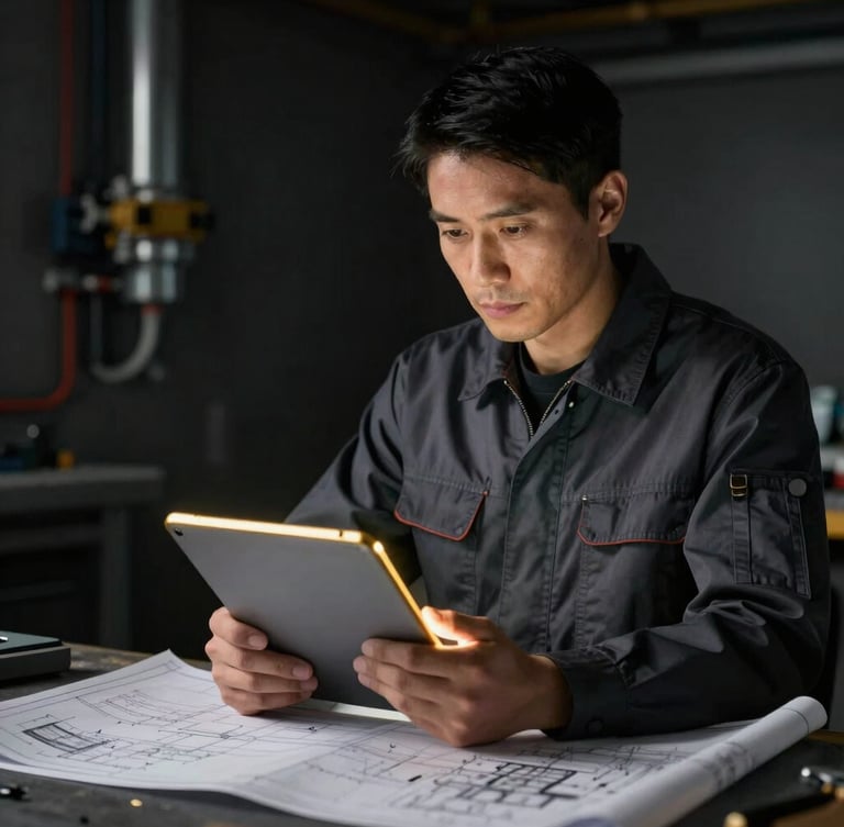 A professional electrical contractor reviewing blueprints on a tablet, gold rim-lighting illuminating the device, dark industrial background