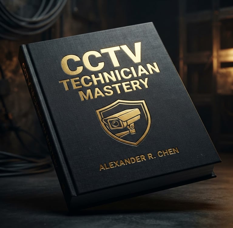 A high-fidelity 3D book mockup of the CCTV Technician Mastery guide, dark charcoal cover with sharp gold metallic typography, set against a dark moody background with precise gold rim-lighting, macro close-up, 85mm lens.