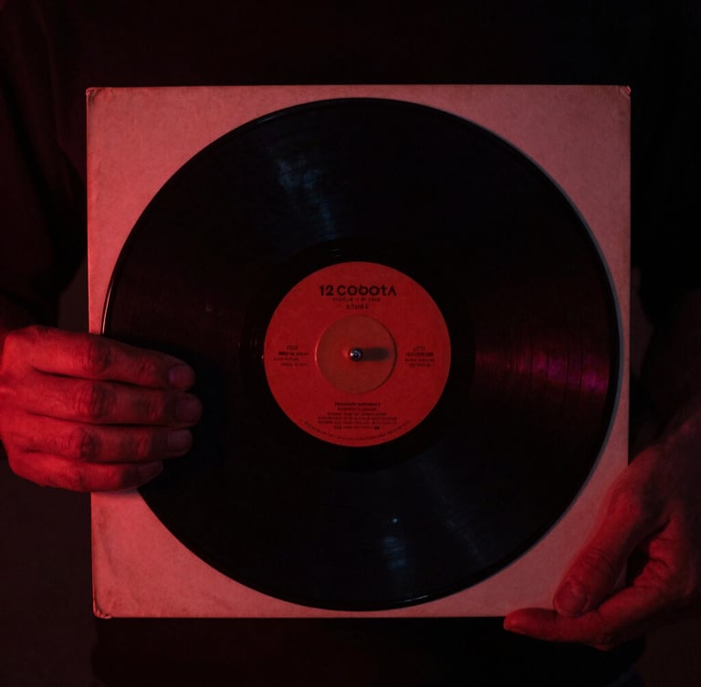Moody close-up of hands holding a vintage 12-inch vinyl sleeve, dramatic low-key lighting, deep red undertones, 35mm film grain