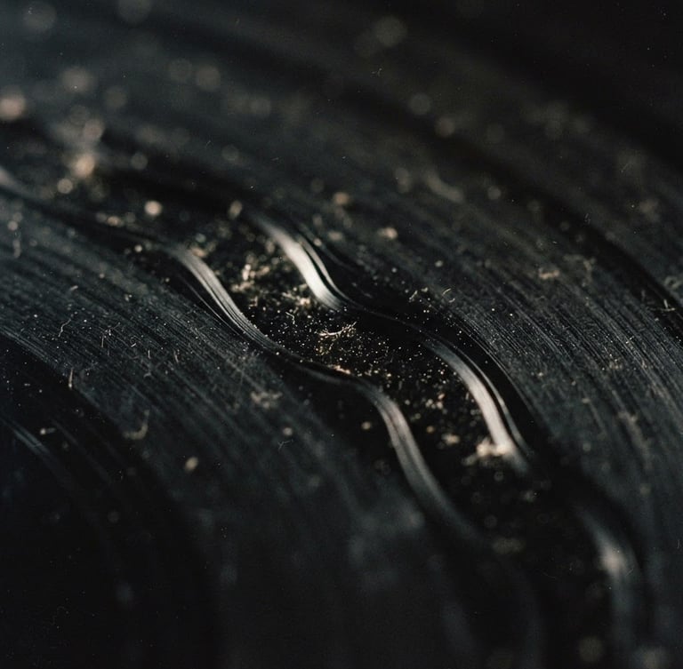 Macro close-up of a rare Depeche Mode vinyl record groove, dust particles catching the light, dark moody analog photography, low-key lighting, deep shadows, 35mm film grain