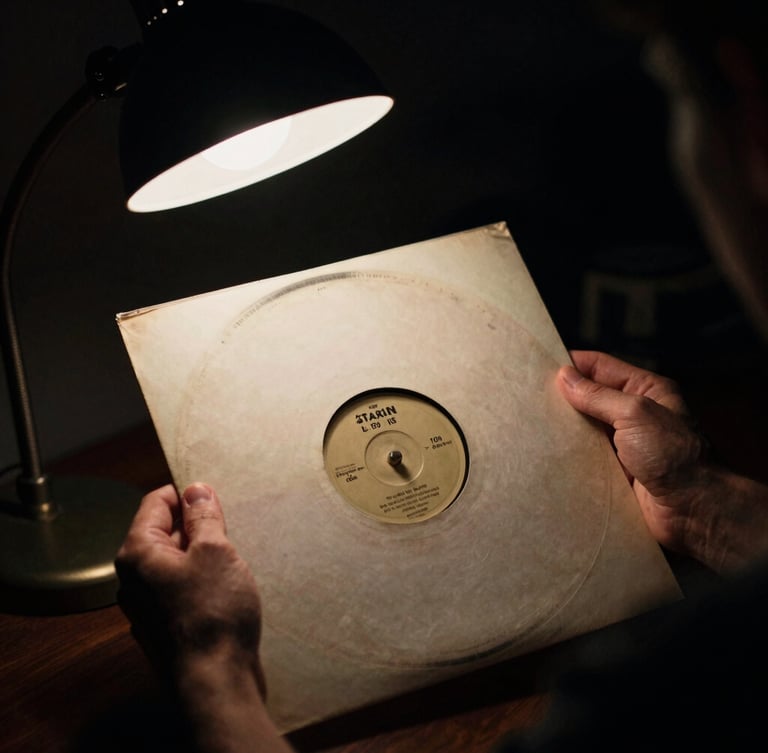 A collector's hands carefully holding a vintage 12-inch vinyl sleeve, soft analog glow from a desk lamp, moody low-key studio lighting, rich dark tones, 35mm film grain