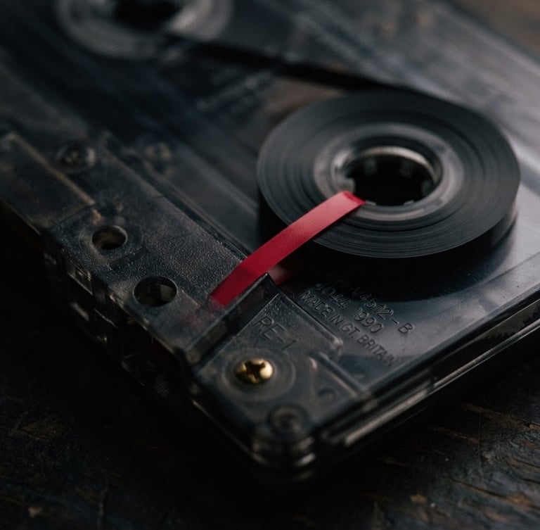 Macro close-up of a physical Depeche Mode cassette shell, showing detailed matrix numbers and red leader tape under moody low-key lighting, deep shadows, 35mm film grain