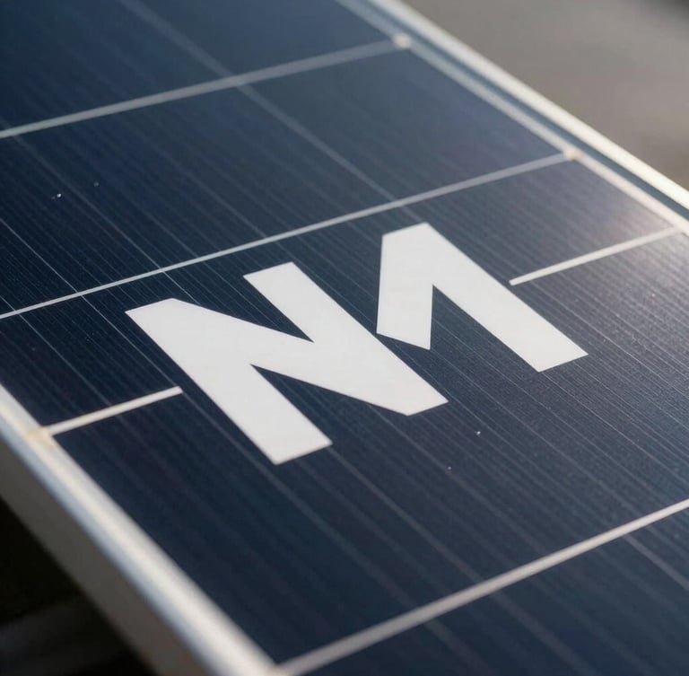Cinematic macro shot of a sleek solar panel with clean, high-contrast minimalist branding under dramatic studio lighting.