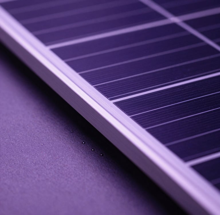 Macro studio close-up of a premium solar panel edge, showing precision-engineered metallic grid lines under high-contrast purple studio light