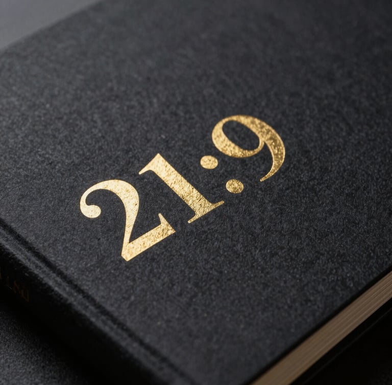 Dramatic close-up of a premium physical brand book, dark textured paper with embossed metallic gold typography, sharp studio lighting, deep shadows, 21:9 cinematic crop.