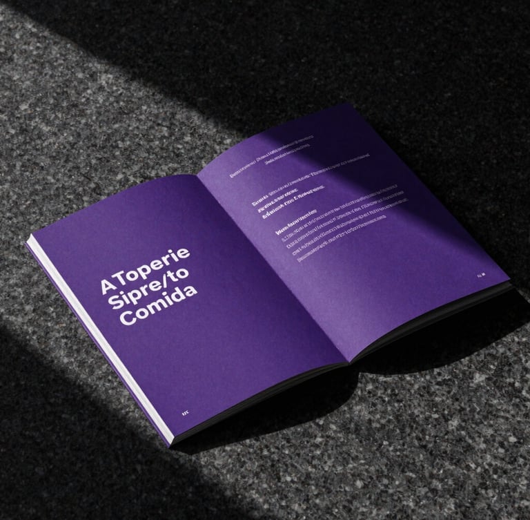 Dramatic, high-contrast studio mockup of premium academic brochure on a dark granite surface, sharp geometric shadows, luminous purple highlights, extreme close-up.