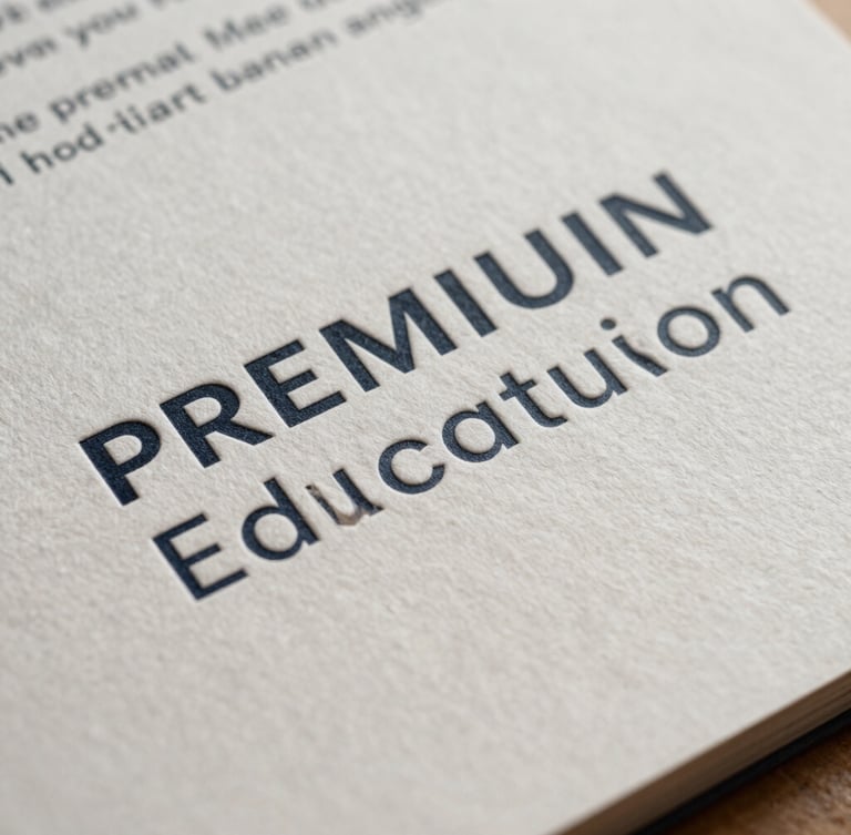Extreme close-up of premium educational marketing collateral, heavy paper stock, embossed minimalist typography, sharp studio shadows.