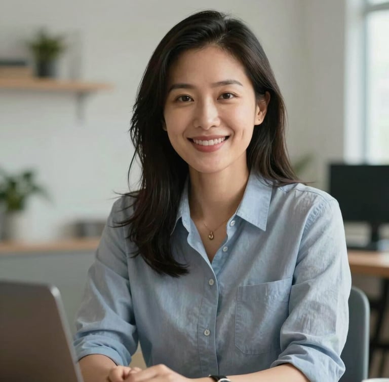 Warm, natural-light portrait of a professional online psychologist in a modern home office, smiling gently at the camera, soft background.