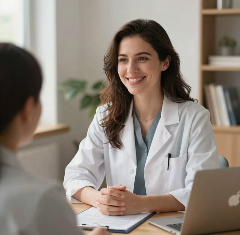 A professional therapist in a modern, warm natural-light office, smiling gently during an online consultation, over-the-shoulder view showing a clean interface