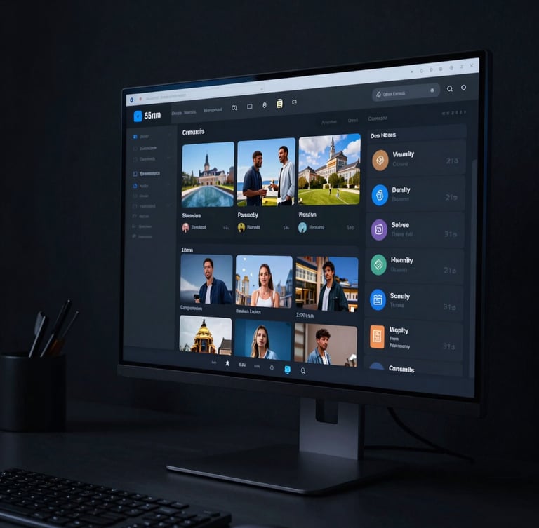 Sleek close-up of a modern community dashboard on a high-end monitor, cool blue ambient light, sharp focus, 35mm lens, minimalist dark workspace