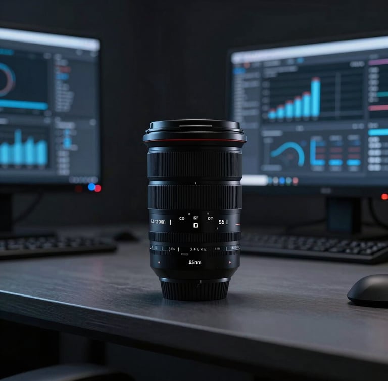 Sleek editorial portrait of a modern digital workspace, cool studio lighting with subtle blue accents, sharp focus, 35mm lens