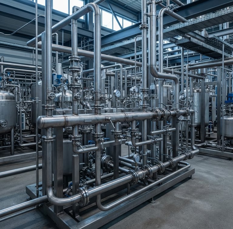 Sharp industrial photography of stainless steel piping manifolds and chemical processing equipment under cool daylight, crisp focus, architectural lens.