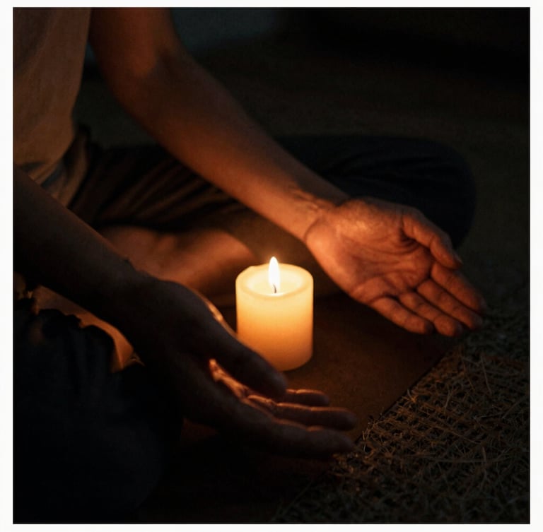 Low-key, warm candlelit photography of a practitioner's hands resting gently in a meditative pose, deep shadows, rich amber and charcoal tones, 35mm film.