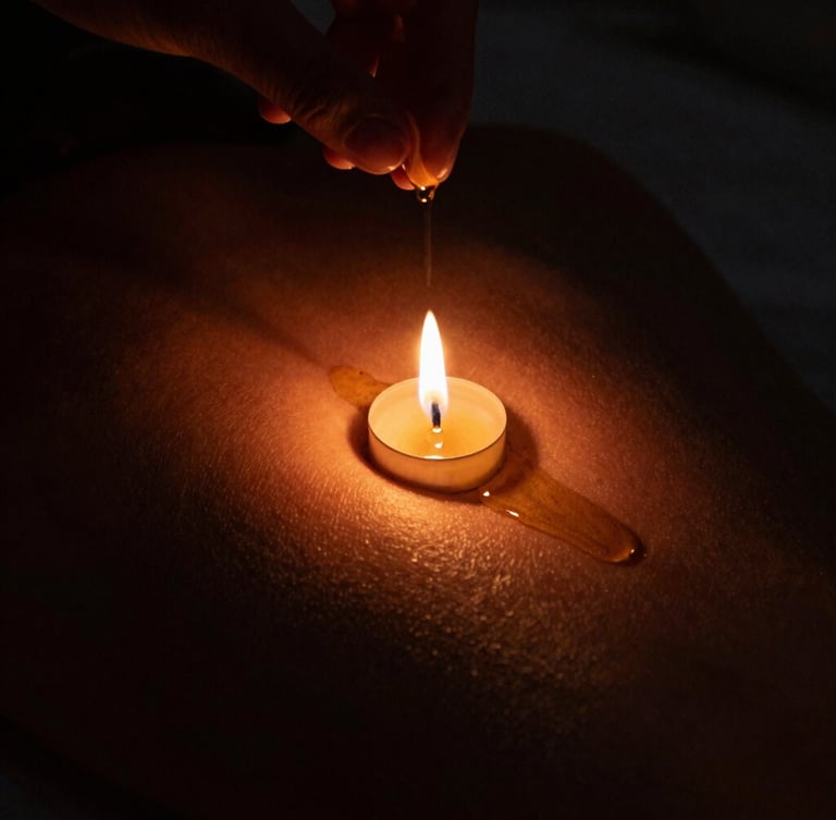 Intimate close-up of warm oil being gently poured onto skin under flickering candle light, casting deep shadows, rich amber glow, moody low-key photography.