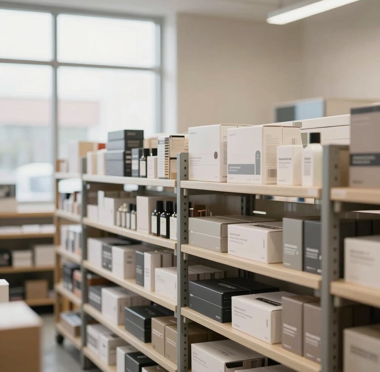Editorial corporate photography, clean structured fulfillment center with soft natural window light, organized high-end consumer goods, 35mm lens