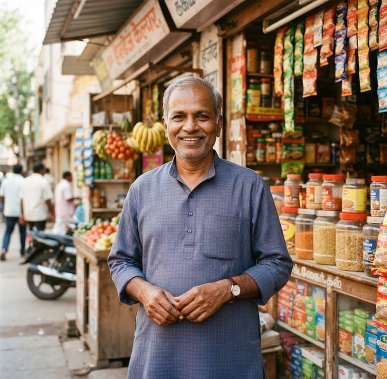 A bright, honest medium shot of a smiling Indian shopkeeper in front of his local grocery store, warm sunlit daylight, rich colors, 35mm photography