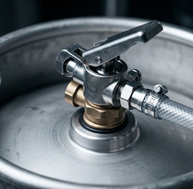 Macro close-up of a stainless steel draft coupler locked onto a clean keg, cool crisp studio lighting with sharp metallic reflections and high contrast