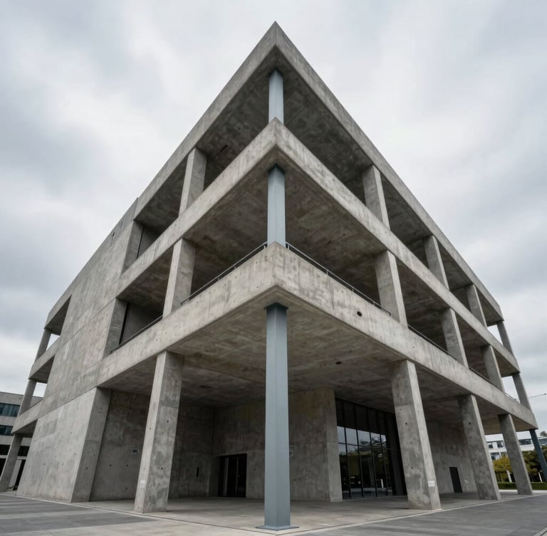 Wide-angle perspective of a modern concrete and steel structure under high-contrast overcast daylight, showcasing clean architectural lines and structural permanence.