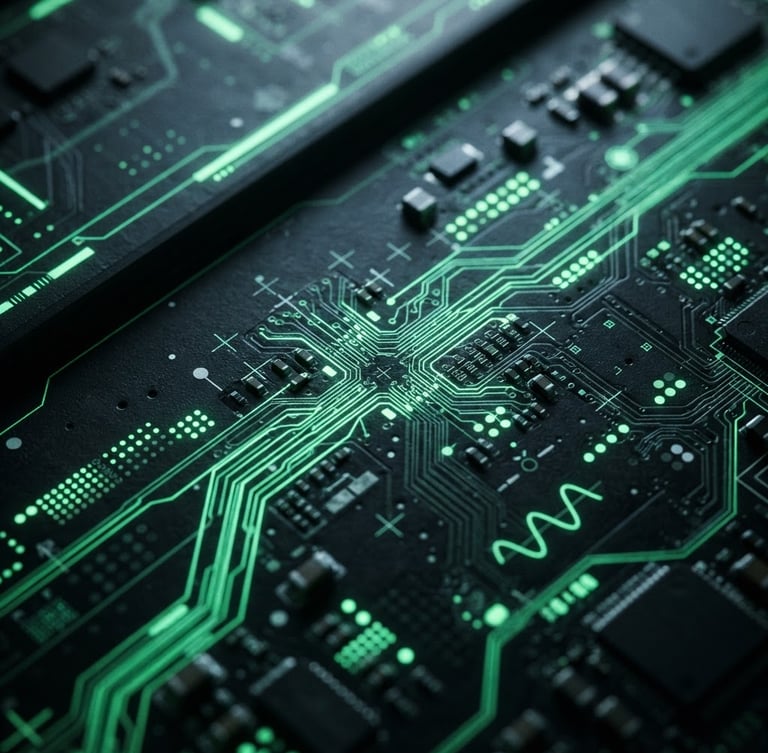 Sleek editorial macro photography of a digital dashboard, high-contrast cool studio lighting, deep charcoal and neon green tones, sharp data lines and print registration marks visible.