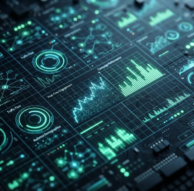 Macro close-up of a digital marketing dashboard, glowing neon-green and cyan data streams, sharp focus, technical grid overlay, sleek editorial photography, high-contrast cool studio lighting.