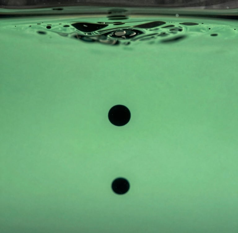 Sleek macro photography of physical black ink droplets dispersing in clear water, high-contrast cool studio lighting, sharp registration lines