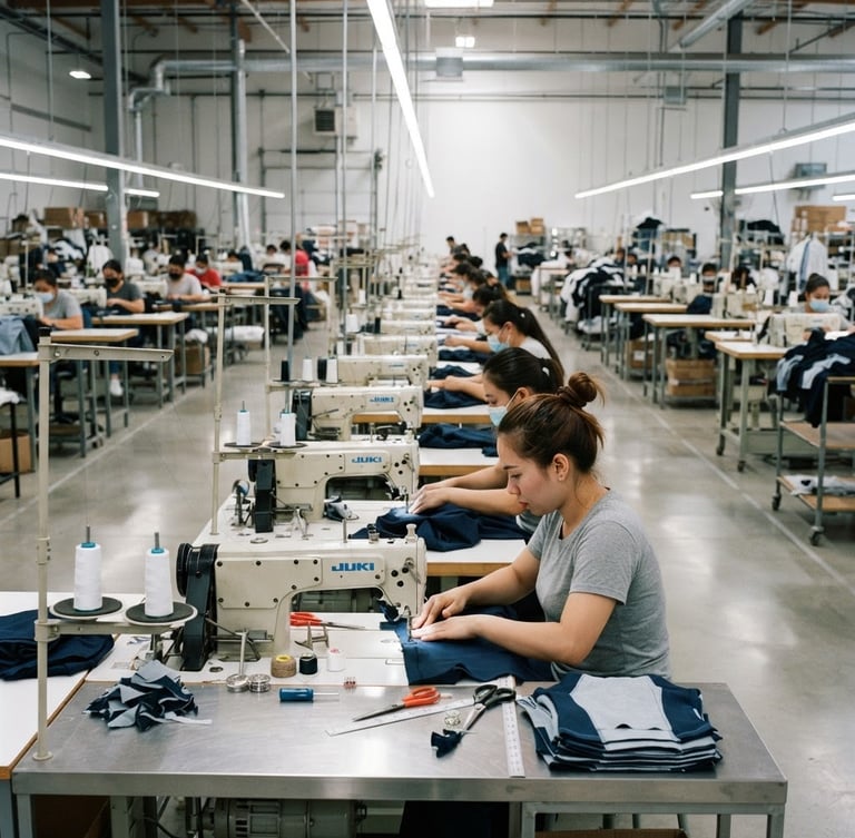 Wide shot of a modern, brightly lit apparel manufacturing floor with rows of industrial sewing machines, sharp focus on the foreground, cool neutral tones, 35mm