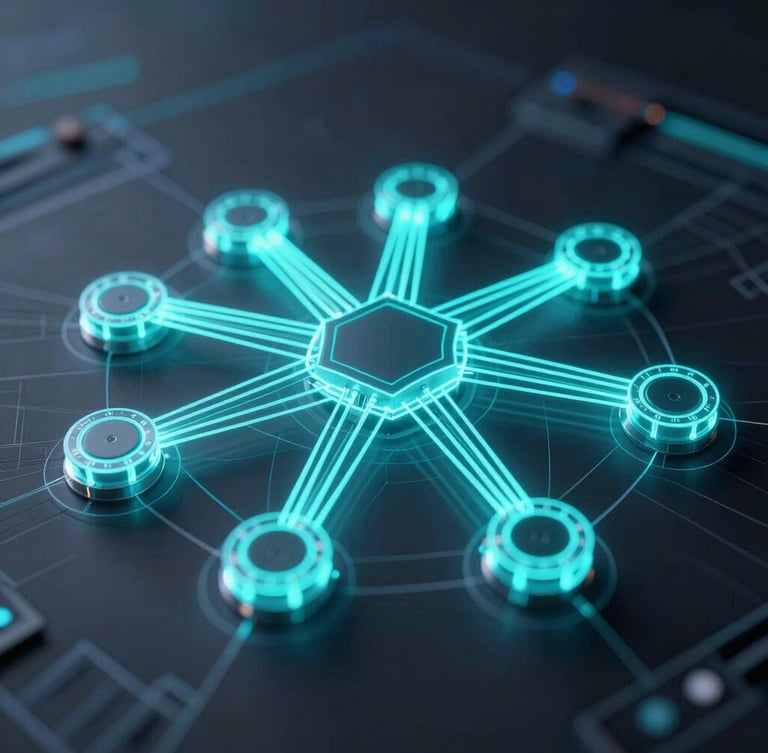 A high-fidelity 3D vector schematic of a network node graph, glowing electric cyan lines on a dark background, macro perspective, blueprint style.